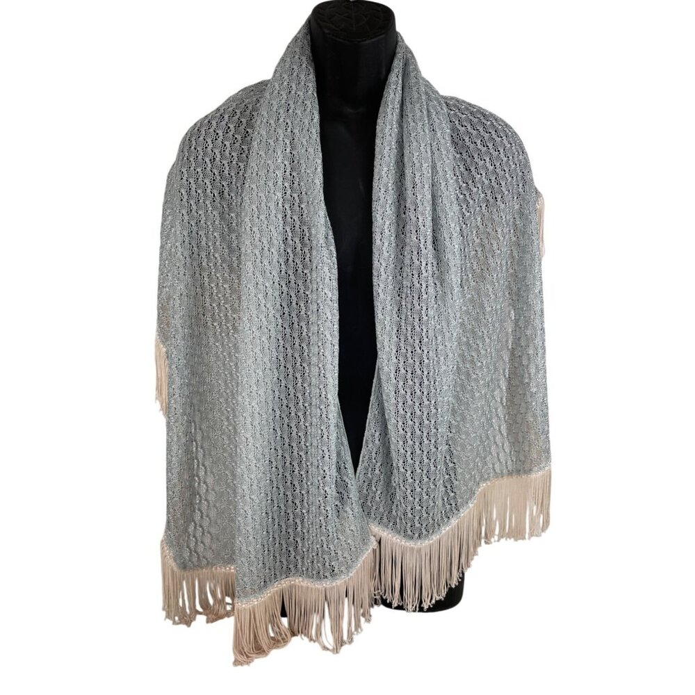 Vintage Light Gray Lace Knit Shawl With White Fringe Trim